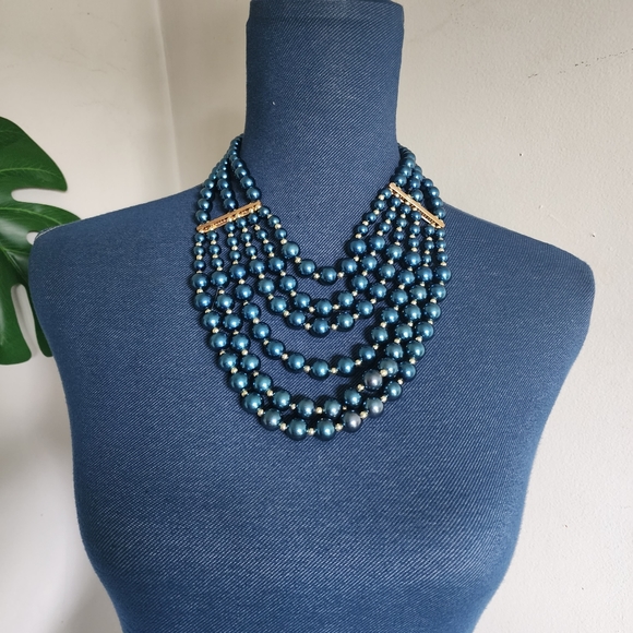 Blue Multi Strand Faux Pearl Necklace and Earrings Set - Picture 5 of 9